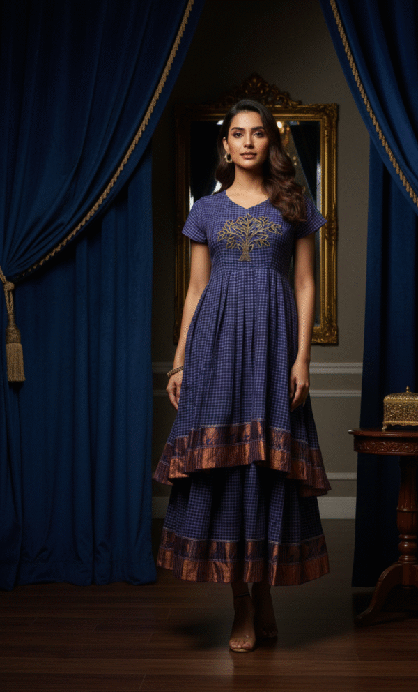 sleeves and an embroidered golden tree design