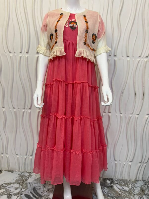 kota frock with intricate thread handwork and elegant overcoat