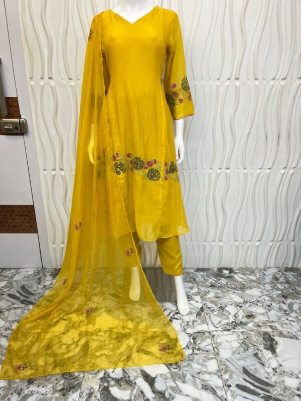 yellow aline floral embroidery with dupatta drapes